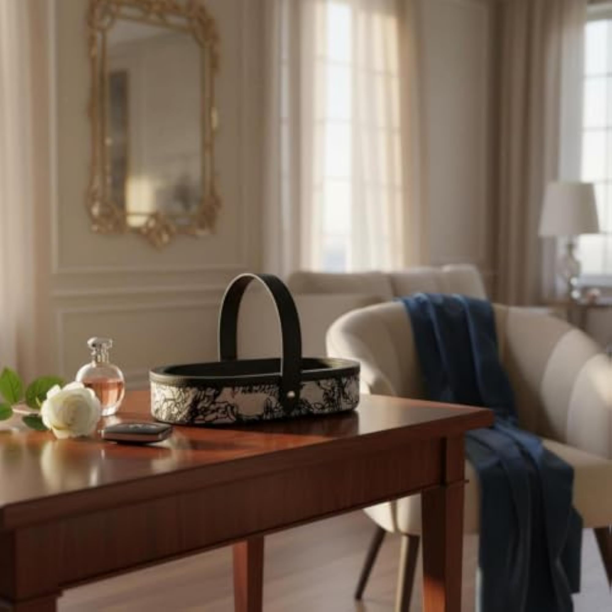 PU Leather Tray, Retro Style Decorative Handle Tray